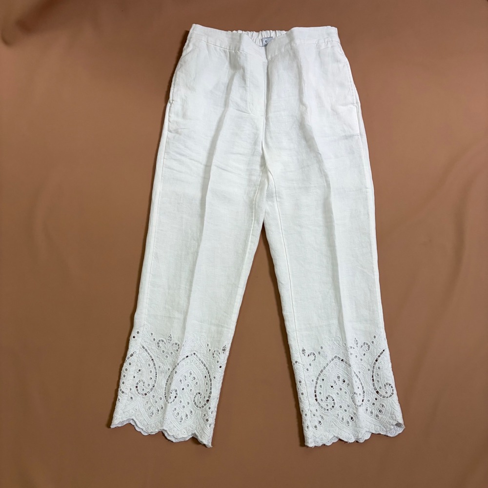 Chicos White 100% Linen 2 Piece Eyelet Embroidery Pant Set Jacket Size 0 S 4 6 - Picture 2 of 15